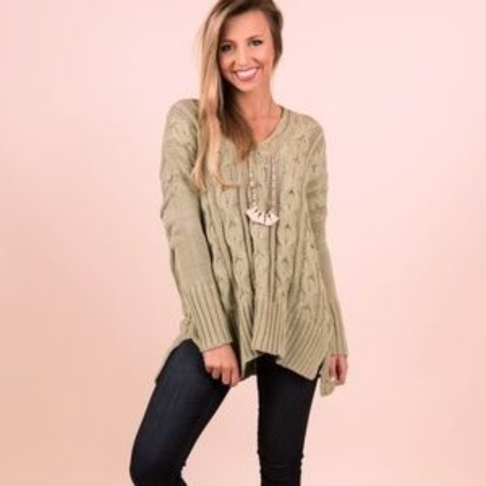 Altar'd State Taupe Tunic Cable Knit Sweater
